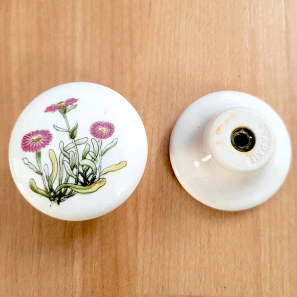 Vintage Porcelain Cabinet Knob Large White Pink Floral Sage Green Stem 1 3/8" - Picture 2 of 6